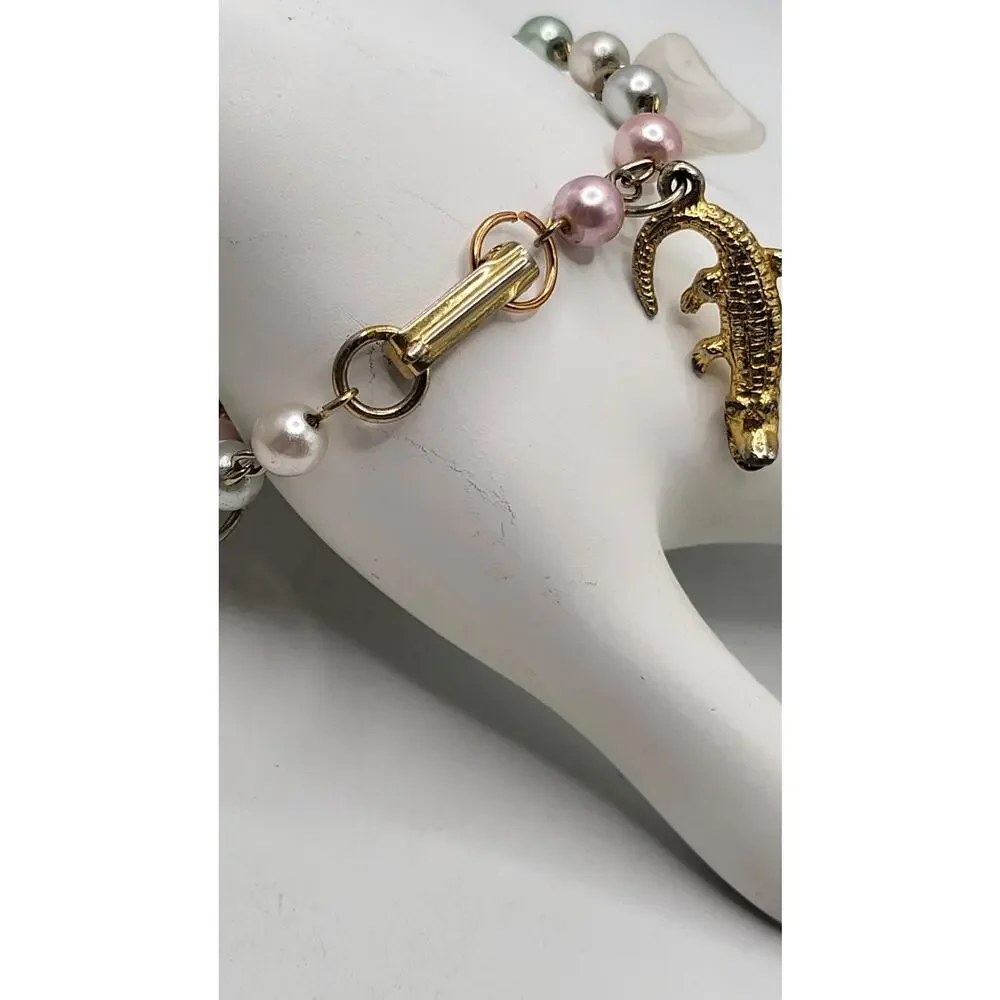 Vintage Charm Bracelet Ocean Nautical Seahorse Palm Trees Alligator Fish Pearl - Picture 9 of 11